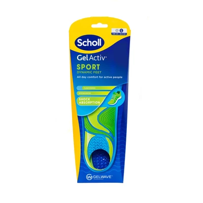 Scholl Gel Aktív Sport. Különleges, zselés talpbetét. Tökéletesen megfelel azok számára, akik aktívan és intenzíven sportolnak. Megelőzi a láb fáradtságát, érzékenységét.