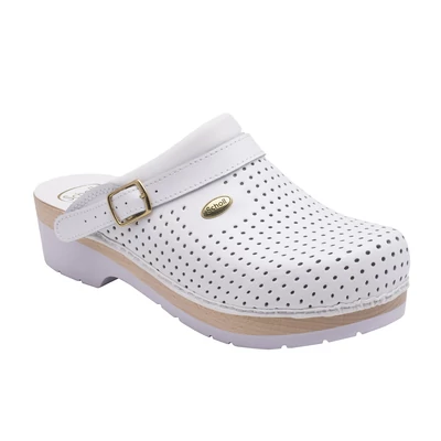 Scholl Clog S Comfort férfi bőr bükkfa klumpa. Az eredeti fából készült klumpa technológiája a felsőrész és a talp anatómiai kiképzése megfelelő helyzetben tartja a lábat.