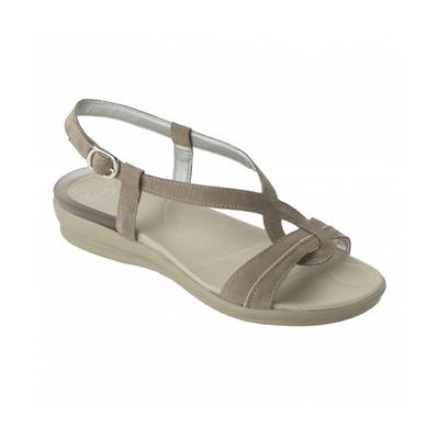 Scholl Lolland taupe puha és minőségi nubuk bőrből készült női szandál 4 cm-es sarokkal, különleges, zselés Gel Aktív talpbetéttel.